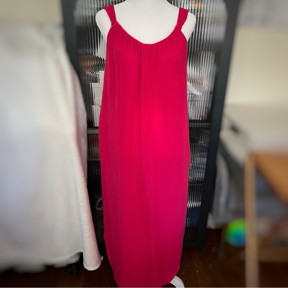 Old Navy M Bright Pink Shirred Sleeveless Midi Dress - Picture 3 of 6